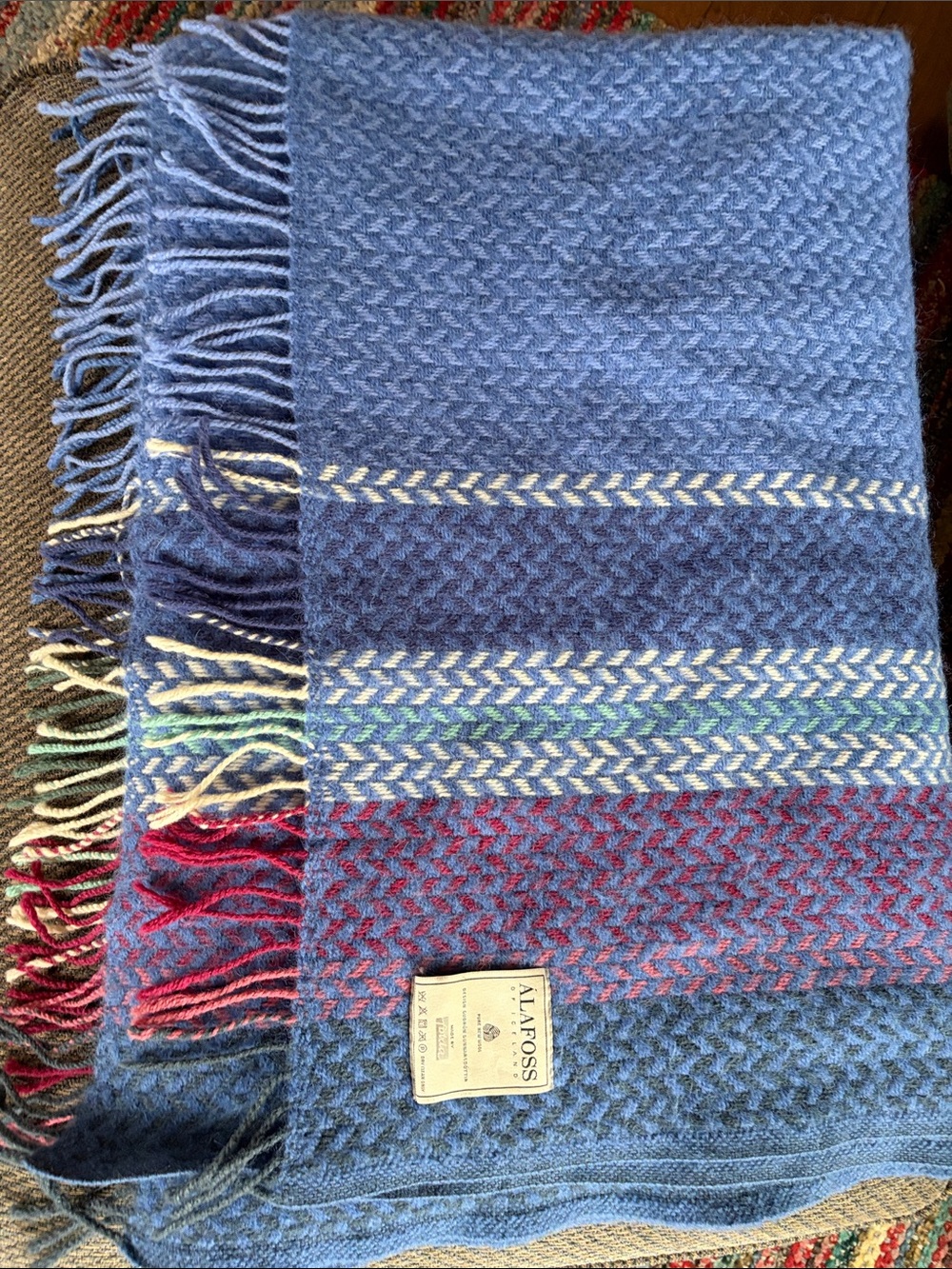 Alafoss of Iceland, gorgeous fringed wool  blue/multicolor blanket